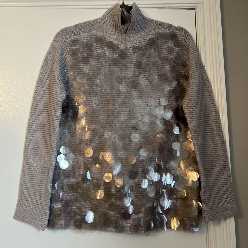 Gran Sasso S-M Sweater Sequin Lurex Gray Beige Wool EXCELLENT MADE IN ITALY